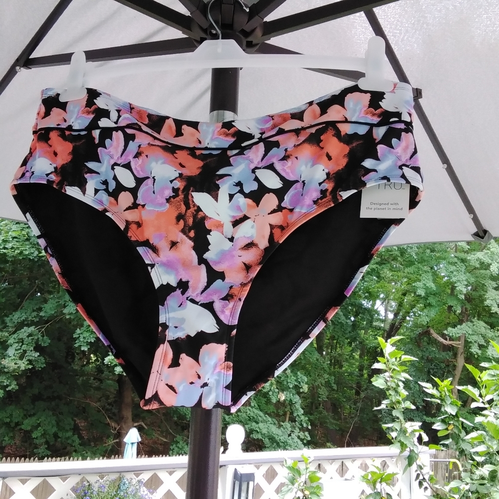 Time And Tru Women's Plus Retro Bikini Bottom SZ:2X (20W-22W) Black/Multi
